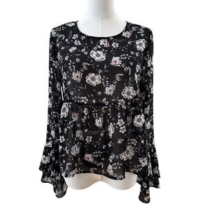 Aeropostale Women's Medium Sheer Black Floral Fairy Babydoll Ruffle Flowy Blouse